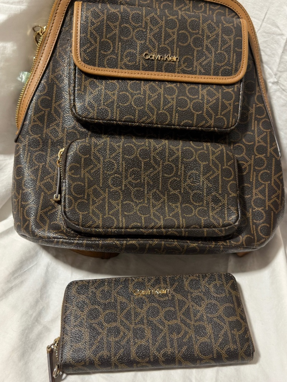 Calvin Klein Brown Monogram Backpack & Matching Continental Zip Wallet Set